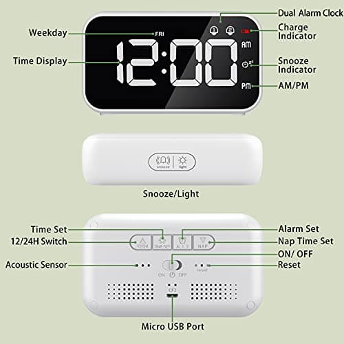 HOMVILLA Réveil Numérique LED avec Fonction Snooze, 2 Alarmes, Surface Miroir Rechargeable USB 12 / 24H pour Bureau de Chambre