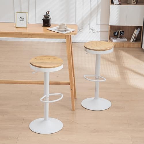 YOUNIKE Tabouret Bar Bois Rond Chaises Haute de Bar Assise Ilot Central Cuisine Siege Bar Lot de 2 Vintage Reglable Rotation Metal Pivotante Blanc