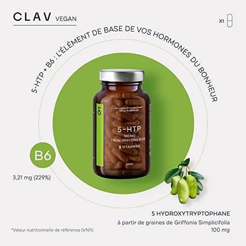 Griffonia 5HTP Complexe - Extra Fort avec 100mg pur 5 HTP per Gelule + Vitamin B6-120 Nootropic Capsules - Diminue Stress & Anxiété - Extrait de Graines de Griffonia Simplicifolia