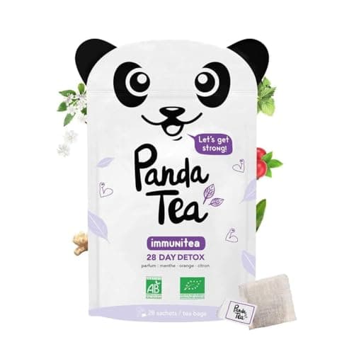 Panda Tea Thé Vert Immunitea | 28 Sachets Coton Bio | Renforce Défenses Naturelles | Gingembre, Menthe Poivrée, Sauge,Eucalyptus | Thé Défense Naturelle