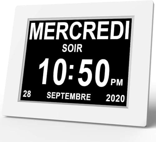 XAYKEN 7" Pouce LCD Horloge Numérique Calendrier avec Date Jour Et Heure Non-Abrégée Auto Dimming 8 Langues HD Display Rappel pour Alzheimer Les Personnes âgées et Les Enfants Noir