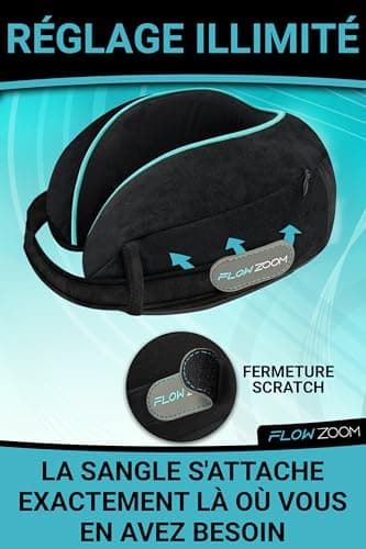 FLOWZOOM Dream Coussin de Voyage en Mousse à Mémoire pour Avion et Voiture – Oreiller de Voyage avec Côtés Rehaussés pour Un Meilleur Soutien, Housse Lavable et Pochette de Transport – Noir