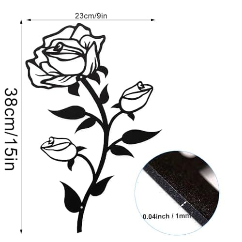 Mocrop Fleur murale en métal noir - 38 cm - Décoration murale en forme de roses - Convient pour le bureau, l'intérieur et l'extérieur - 38 x 23 cm (1 pièce)