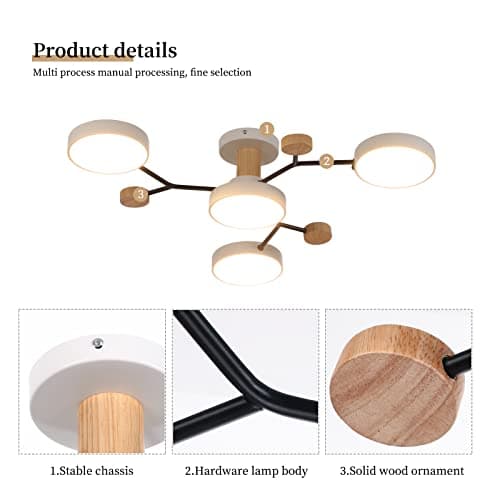 Schindora Plafonnier LED 4 têtes,36W blanc chaud 3000K,plafonnier décor bois Ø66cm pour salon cuisine salle à manger bureau à domicile chambre d'enfant