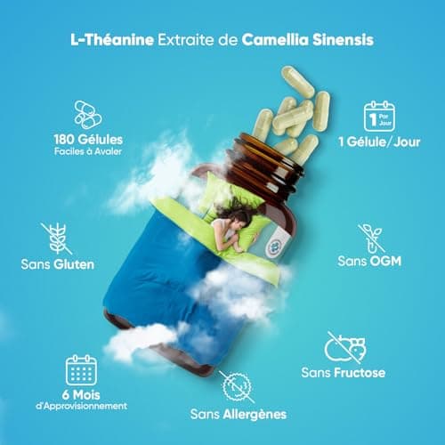 L-Theanine 500mg - 180 Gélules Vegan (6 Mois) - Camellia Sinensis, Acide Aminé de Thé Vert Enrichi en Mélisse - Alternative au GABA Sans Somnolence - Sans Stéarate de Magnesium & Sans Fructose