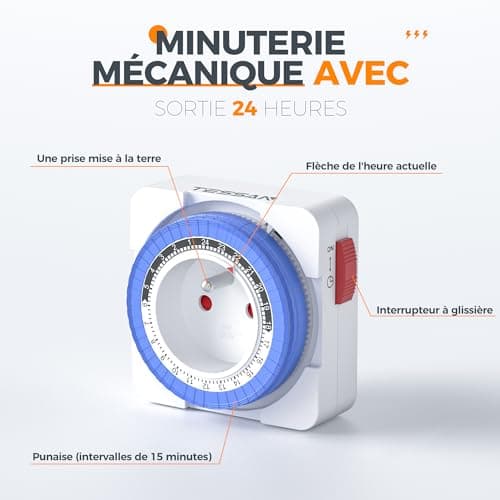 TESSAN Prise Minuteur Programmable 24 Heures, Programmateur Prise de Courant 3680W, Timer Prise Electrique à 96 Segments, Intervalle de 15 Minutes, Prise Minuterie de Cycle Quotidien, pour Lampes