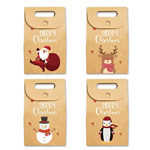12 Pièces Boîtes Cadeau de Noël en Papier Kraft, Boite Cadeau Noel Vide, avec le père Noël, le Wapiti, le Bonhomme de Neige, le Motif de Pingouin, pour les Cadeaux de Bonbons de Fête de Noël