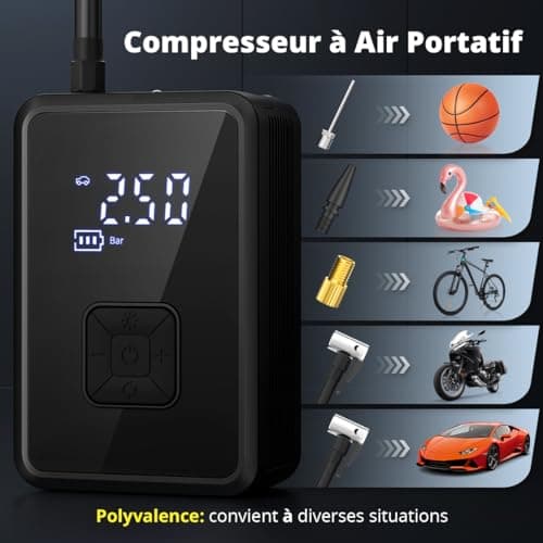 Oasser Gonfleur Pneus Voiture sans Fil Mini Compresseur à Air Portatif 150 PSI (10,3 Bar) Inflation Rapide Cylindre 17 mm Type-C USB Charge avec Tuyau de 30 cm et Sac de Rangement