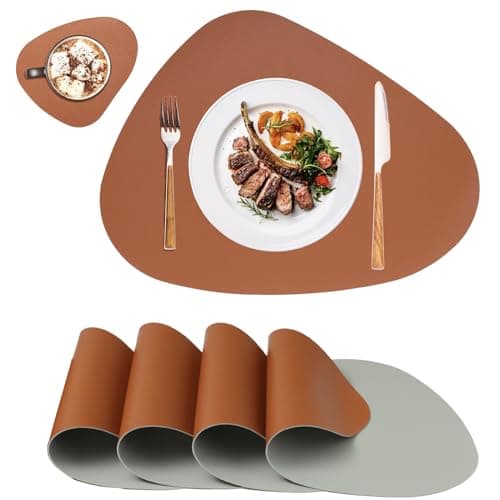 Sets de 4 Table Lavable,Set Couverts de Table,Dessous de Table,Cuir Antidérapant Double Face Imperméables Set Table et Dessous de Verre,Set de Table Lavable Chaleur Résiste(Brun Gris)