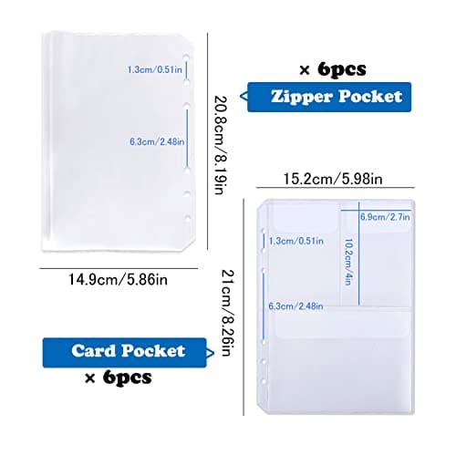 Lot de 12 pochettes de format A5, pochette à fermeture éclair, dossiers transparents à 6 trous, poche avec couvercle, deux types, sacs étanches en PVC avec fermeture éclair pour la maison