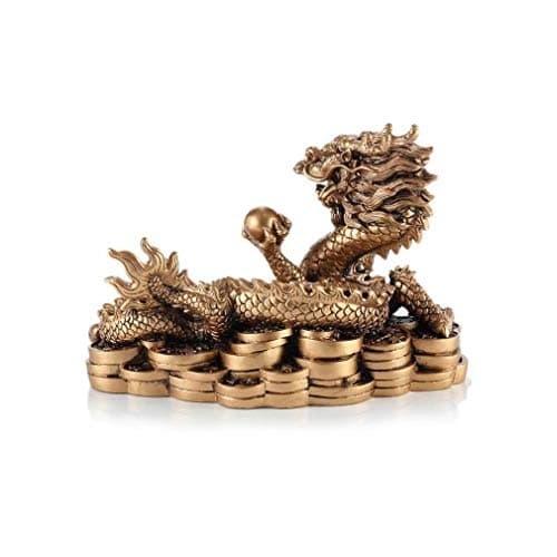 lachineuse - Figurine Grand Dragon Feng Shui - Statuette Dragon sur Sapèques - 14 x 21 x 11,5 cm - Symbole de Puissance, Force & Longévité - Décoration Asiatique Chinoise - Coloris Doré
