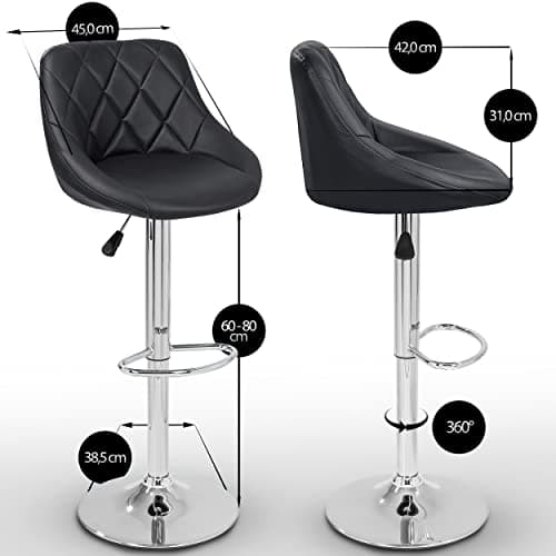 TRESKO Set de 2 tabourets de Bar Noir, Hauteur réglable et Rotation à 360° (60-80cm)