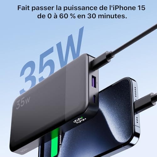 Nobis Chargeur Portable, 35W 10000mAh Power Bank Chargement Rapide, PD QC 4.0 Batterie d'affichage LED, USB C in/Out Chargeur de téléphone Portable pour iPhone iPad Android etc. (Noir)