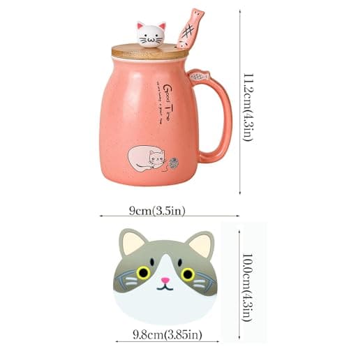 Chat Tasse Jolie tasse à café en céramique avec couvercle et cuillère en bois chat kawaii Nouveauté Morning Cup Tasses à thé au lait au café Tasses de chat pour les amoureux des chats Femmes (Rose)
