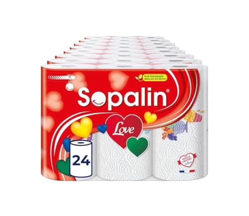 Sopalin® Love – x24 Rouleaux – Essuie-tout cuisine – Décoré – Texture en forme de cœur – Emballage 80% plastique recyclé – Papier certifié FSC® Mixte