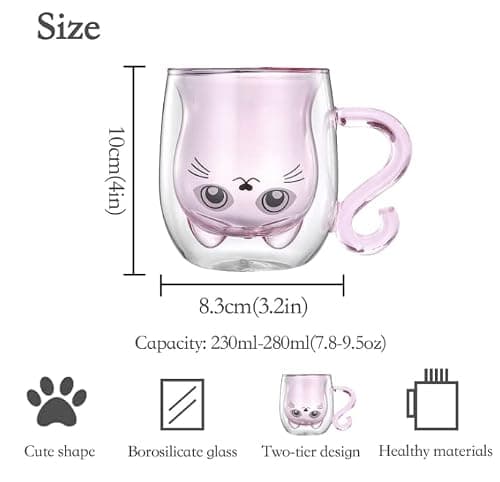 SHENDONG Adorable chat mignon tasses à thé chat tasse à café avec poignée 250 ml tasse à lait pour anniversaire personnel, Saint-Valentin et bureau (chat rose)