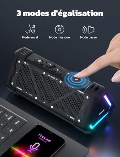RIENOK S11 Enceinte Portable Bluetooth aux Basses Renforcées, 3 Modes d'Égaliseur, Mode USB, Bluetooth 5.3, 30W Enceinte Puissante, IPX7, TF Carte, Soirées Plage, Randonnées, Voyage, Noir