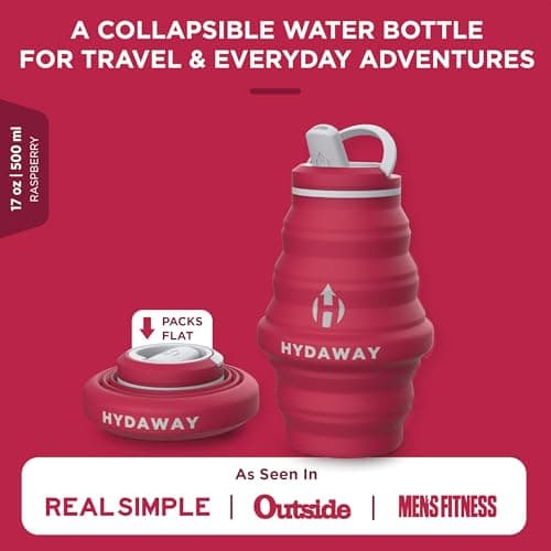 HYDAWAY Bouteille d'eau pliable – 500 ml – Bouteille d'eau réutilisable avec couvercle à rabat pour voyage, randonnée, voyage – Portable et étanche, silicone de qualité alimentaire, sans BPA, se