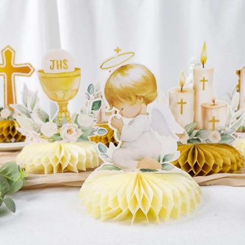 Lot de 8 Décoration Table Baptême Centres de Table Communion en Nid d'Abeille Décoration Baptême Communion Confirmation