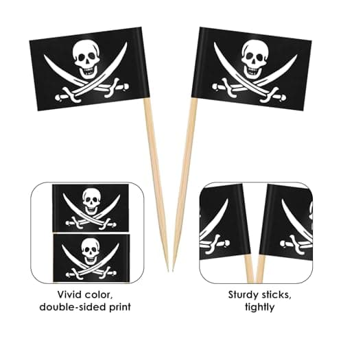 AhfuLife 100Pcs Drapeau Cure-dent Pirate, Mini Drapeau Cocktail de Pirate, Cure Dents Pirate pour Anniversaire Thème Pirate, Decor Cupcake Topper, Étiquettes de Apéritifs Dîner de Halloween