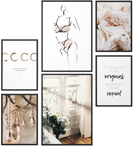 Papierschmiede® Set Mood Posters, Tableau Décoration Murale sans cadres « Coco Femelle » Bureau, Salon, Deco Chambre Parentale, Cuisine, 2x A4 et 4x A5, eucalyptus femme fleurs
