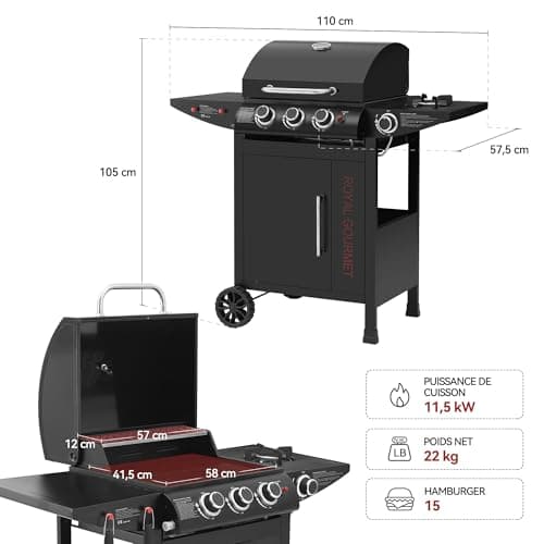 Royal Gourmet Barbecue Gaz à 3+1 Brûleurs en Acier Inoxydable, Gril à Gaz sur Chariot de Puissance 11,5 KW avec Tablette et Thermomètre, 2 Roues et 1 Porte, Adapté pour Jardin et Extérieure, Noir