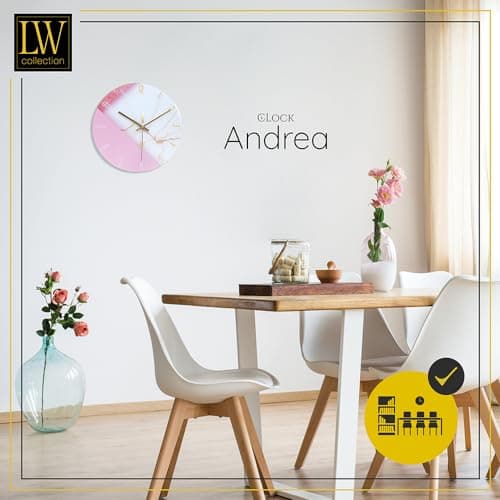 LW Collection Horloge Murale Verre Marbre Andrea Blanc Rose 30 cm - Petite Horloge - Horloge Murale Silencieuse - Horloge de Cuisine Mouvement Silencieux