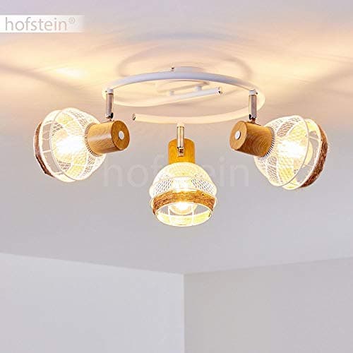 Plafonnier Bariloche en bois, raffia & métal blanc, 3 spots de plafond pivotants créant un effet lumineux au plafond par les abat-jours grillagés, pour 3 ampoules E27, ampoule(s) non incluse(s)