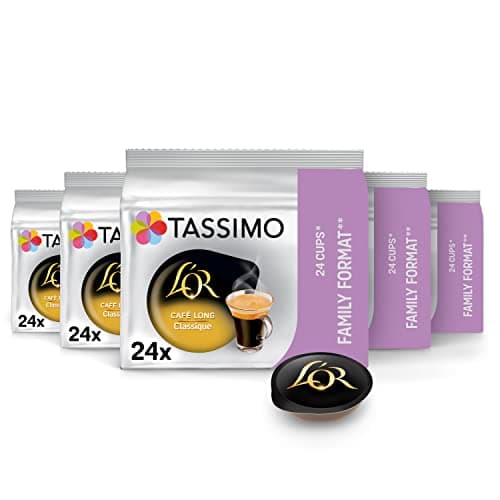 Tassimo, Format Familial, 120 Dosettes Café Long Classique L'OR, Compatibles avec les machines TASSIMO, 120 Cafés, Équilibré et Aromatique, 5 packs de 24 dosettes