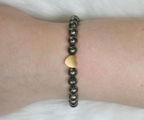 Bracelet en pyrite véritable pierre précieuse avec perles rondes de 6mm et cœur en acier inoxydable - différentes longueurs - bracelet en pierres précieuses porte-bonheur talisman cadeau