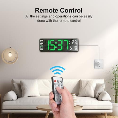 Lafocuse Horloge Murale Numérique LED, Grande Affichage 32cm avec Télécommande, Température, Date, Jour, 2 Alarmes, 12/24H, Luminosité Réglable Pendule Murale pour Salon Cuisine Bureau, Vert