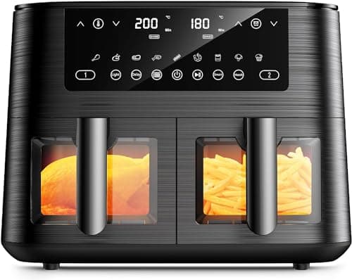 9L Dual Zone Air Fryer avec Fenêtre de Visualisation, Friteuse sans Huile avec 2 Tiroir, 9-in-1 Programmes de Cuisson, Écran Tactile, Fonction Rendez-vous, Faible en Grasses, Va au Lave-vaisselle