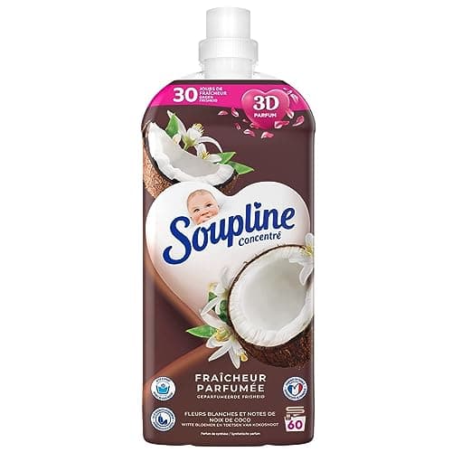 SOUPLINE Adoucissant Concentré 3D Senteur Noix de Coco, Formule Active à Froid, 92% D'ingrédients D'origine Naturelle, Set de 3 x 1.28L