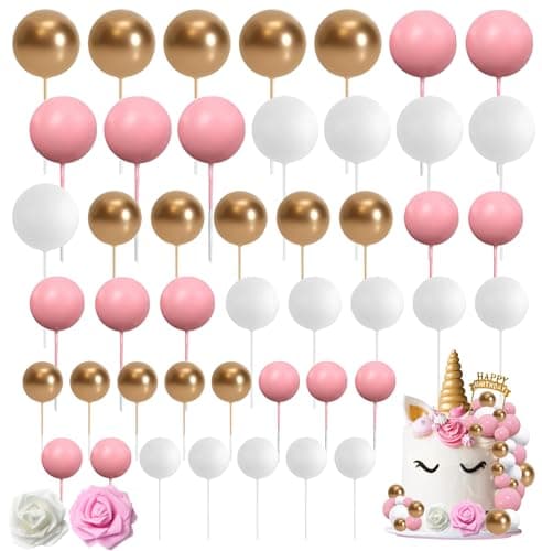 Lot de 48 boules de décoration de gâteau, Happy Birthday décoration de gâteau pour Anniversaires, Boules en mousse rose blanc et doré pour Fête d'anniversaire pour Shower de bébé Mariage