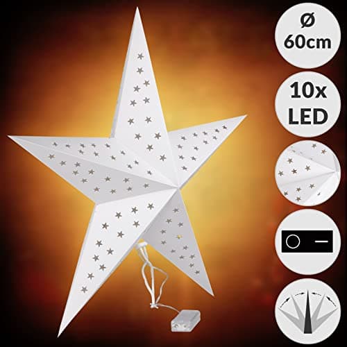 Étoile de noël LED à suspendre Décoration lumineuse en papier 60 cm blanc Lanterne déco à piles maison