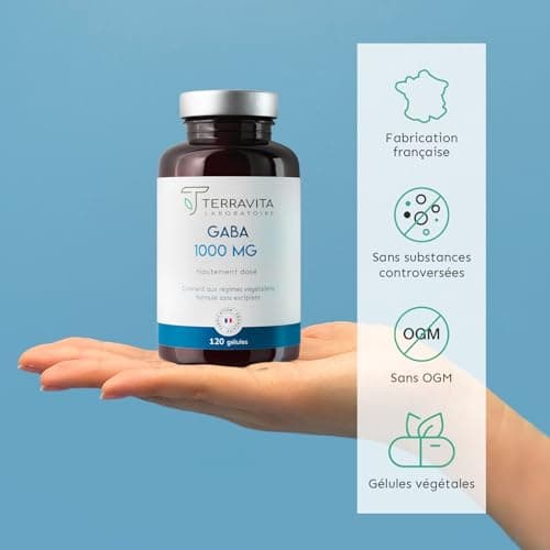 GABA 1000 mg | 120 Gélules | 100% Pur sans Excipients | Lutte contre le Stress et la Nervosité | Favorise une Humeur Positive et un Sommeil Réparateur | Cure de 2 mois | Made in France | Terravita