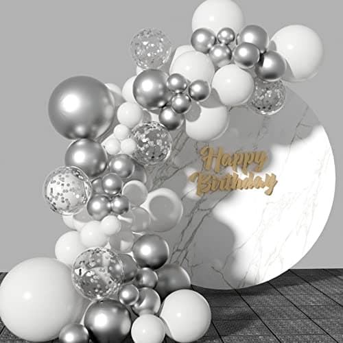 CHRORINE Lot de 50 ballons blancs argentés de 30,5 cm avec rubans à confettis pour anniversaire, fête prénatale, mariage, remise de diplôme, décoration de fête