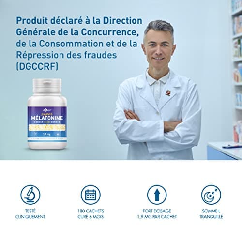 Melatonine 1,9 mg Fort [Facile à Avaler] Mélatonine Hautement Biodisponible pour Sommeil Adulte avec Adénosine Glycine - Cachet pour Dormir - Melatonin 180 Comprimés sans Gluten/Lactose