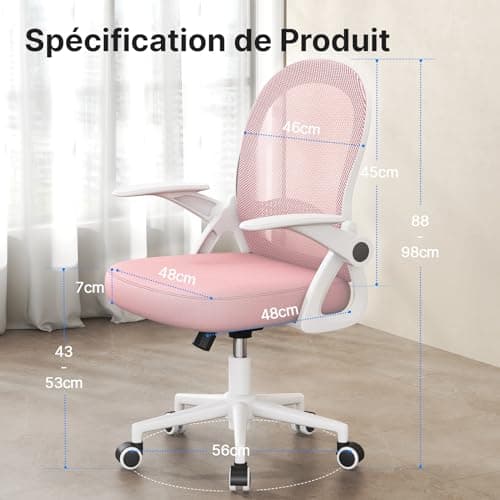 naspaluro Chaise de Bureau avec Accoudoir Relevable, Fauteuil de Bureau avec Soutien Lombaire, Siège Bureau avec Dossier Moyen de 45 cm (sans Repose-Pieds ni Appuie-tête, Rose)