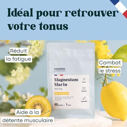 Magnésium Marin + Vitamine B6, Combat la Fatigue et le Stress, Cure de 1 mois, 60 Gélules Végétales, Magnesium Marin Pur 300 mg/jour, Fabriqué en France, Essentials by Novoma