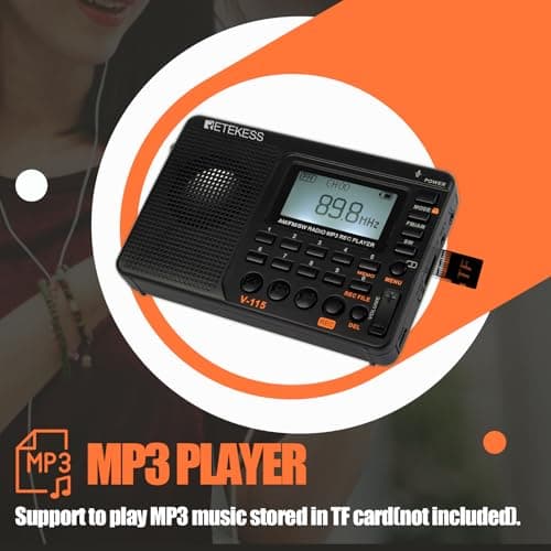 Retekess V115 Radio Portable,Petite Radio Rechargeable,FM AM SW, Piles et Secteur,Carte TF,Enregistreur, MP3,Minuterie de Sommeil,Salle de Bain,Cuisine(Noir)
