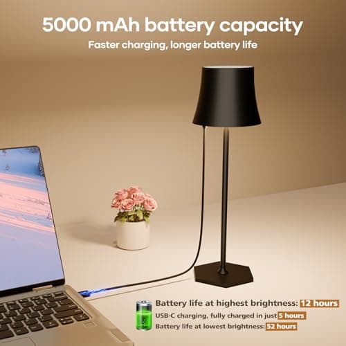 Tyonto Lampe Table LED Rechargeable Sans Fil,Réglage Tactile Batterie 5000mAh,Chargement USB,IP54 Étanche,Peut Poser Bureau,Chevet,Chambre,Extérieur (1 pièce, noir)