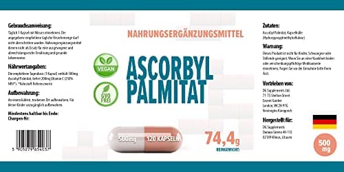 Palmitate d'ascorbyle 500mg 120 gélules végétaliennes, très puissantes, sans agents de remplissage ou de charge, sans OGM