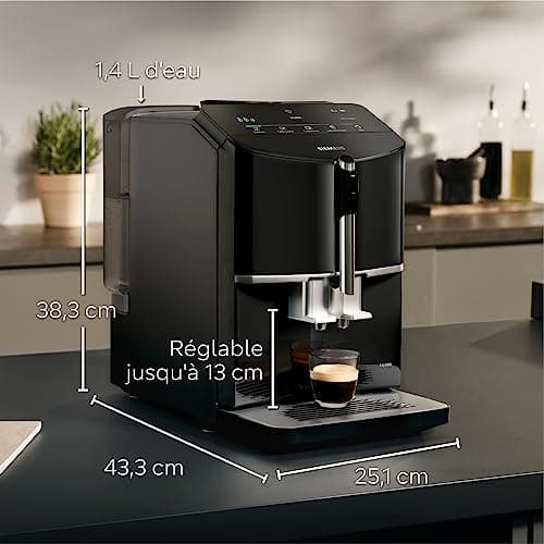 SIEMENS, machine à café tout automatique, EQ300, ceramDrive, milkPerfect, fonction oneTouch, noir piano, TF301E19