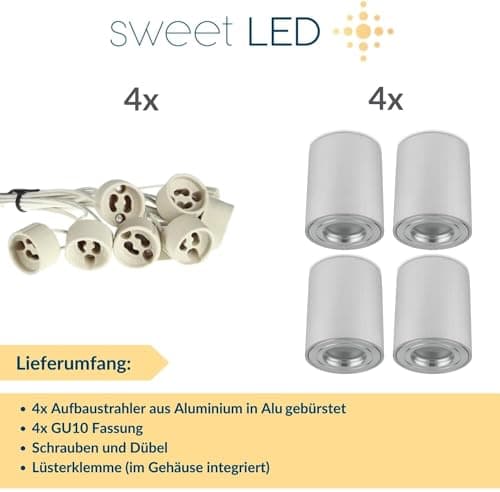 Sweet Led Lot de 4 spots encastrables pour salle de bain IP44 Aluminium GU10 95 mm pour pièces humides, salle de bain, environnements humides, 230 V en aluminium brossé rond