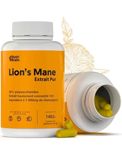 Lions Mane Pure 7500mg (2x1) Ultra-concentrée 50% | Nootropic : Mémoire, Concentration et Santé Cérébrale | Amélioration Cognitive à Long Terme | Bien-être Émotionnel et Gastro-intestinal | 140 Caps