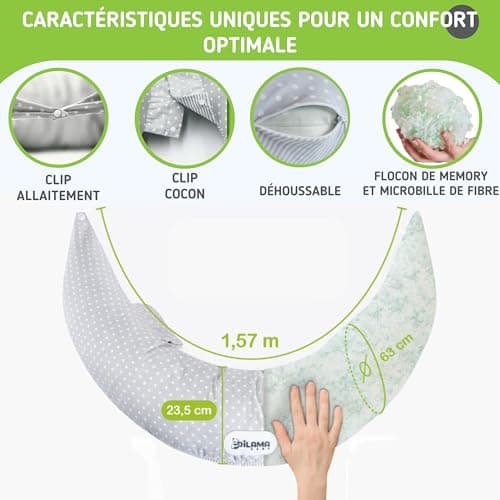 Dilamababy - Coussin de Grossesse - Coussin Allaitement en Flocons a Memoire de Forme et Microbille de Fibre pour Un Confort Ergonomique Optimal - Soutien Idéal pour Maman et Bébé