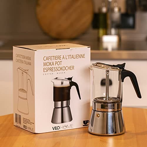 VeoHome Cafetière Italienne en verre et inox 360 ML – Cafetière Moka Induction, Gaz, Céramique Style Expresso – 7 tasses, Sûre et Lavable au Lave-Vaisselle
