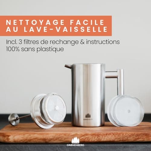 Groenenberg Cafetiere a piston (600ml) + Moulin à café manuel | Set de remise café avec French Press & Coffee grinder en acier (inox)