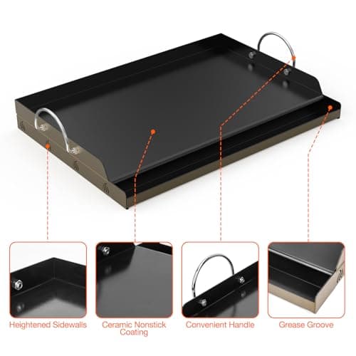Onlyfire Céramique Plaque de Gril, Universelle Plaque de Cuisson pour Gril à gaz et Barbecue au Charbon de Bois, BBQ plancha avec Poignée, Revêtement Antiadhésif, 58,5 x 40,5 x 7cm, Noir